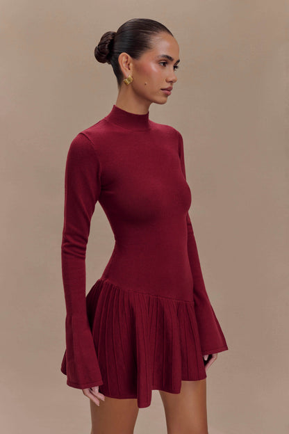 Blair Knit Mini Dress With Pleats - Merlot