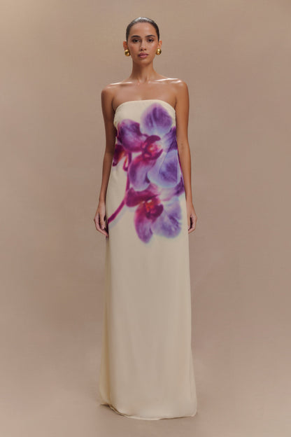 Amaya Strapless Chiffon Maxi Dress - Ivory Koi Orchid Print