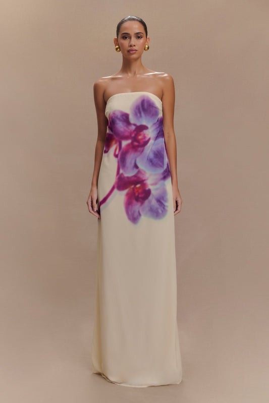 Amaya Strapless Chiffon Maxi Dress - Ivory Koi Orchid Print