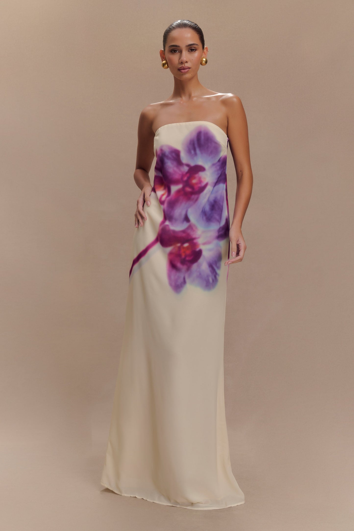 Amaya Strapless Chiffon Maxi Dress - Ivory Koi Orchid Print