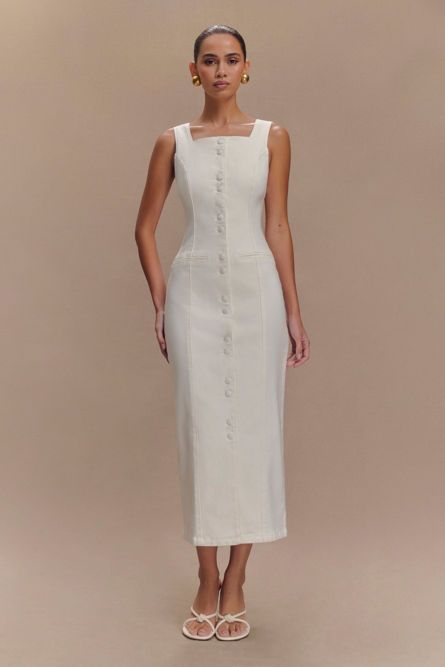 Reyna Denim Midi Dress - White