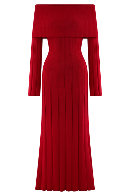 Alonza Long Sleeve Knit Midi Dress - Red