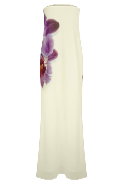 Amaya Strapless Chiffon Maxi Dress - Ivory Koi Orchid Print