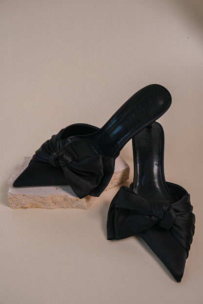 Elena Pointed Satin Bow Heel - Black