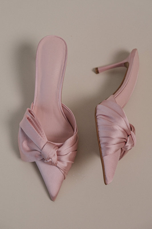 Elena Pointed Satin Bow Heel - Pastel Pink