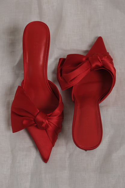 Elena Pointed Satin Bow Heel - Red