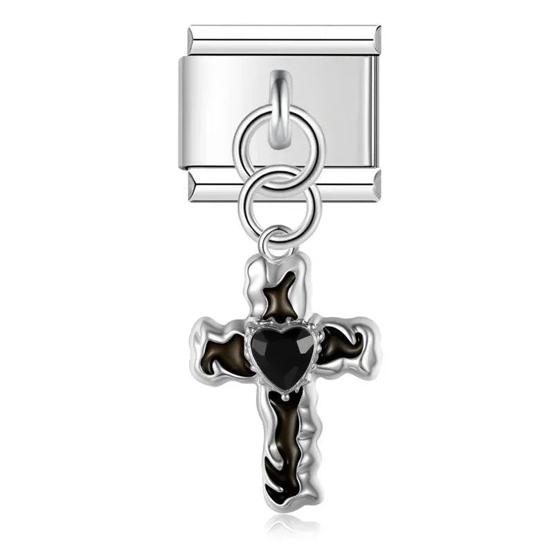 Black Cross with Heart, on Silver