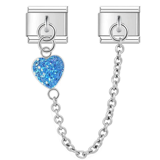 Blue Heart, Double Linked Charms, on Silver