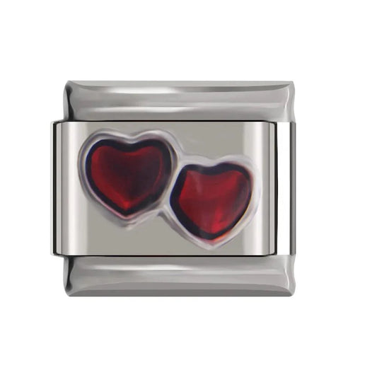 Double Heart, Red Stones, on Silver