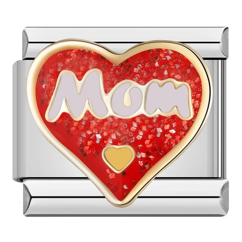 Glittery Red Heart, Mom, on Silver