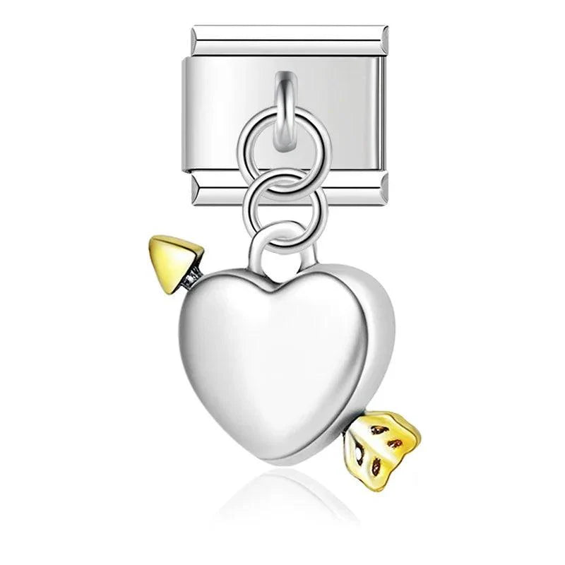 Pierced Silver Heart with Gold Arrow, on Silver