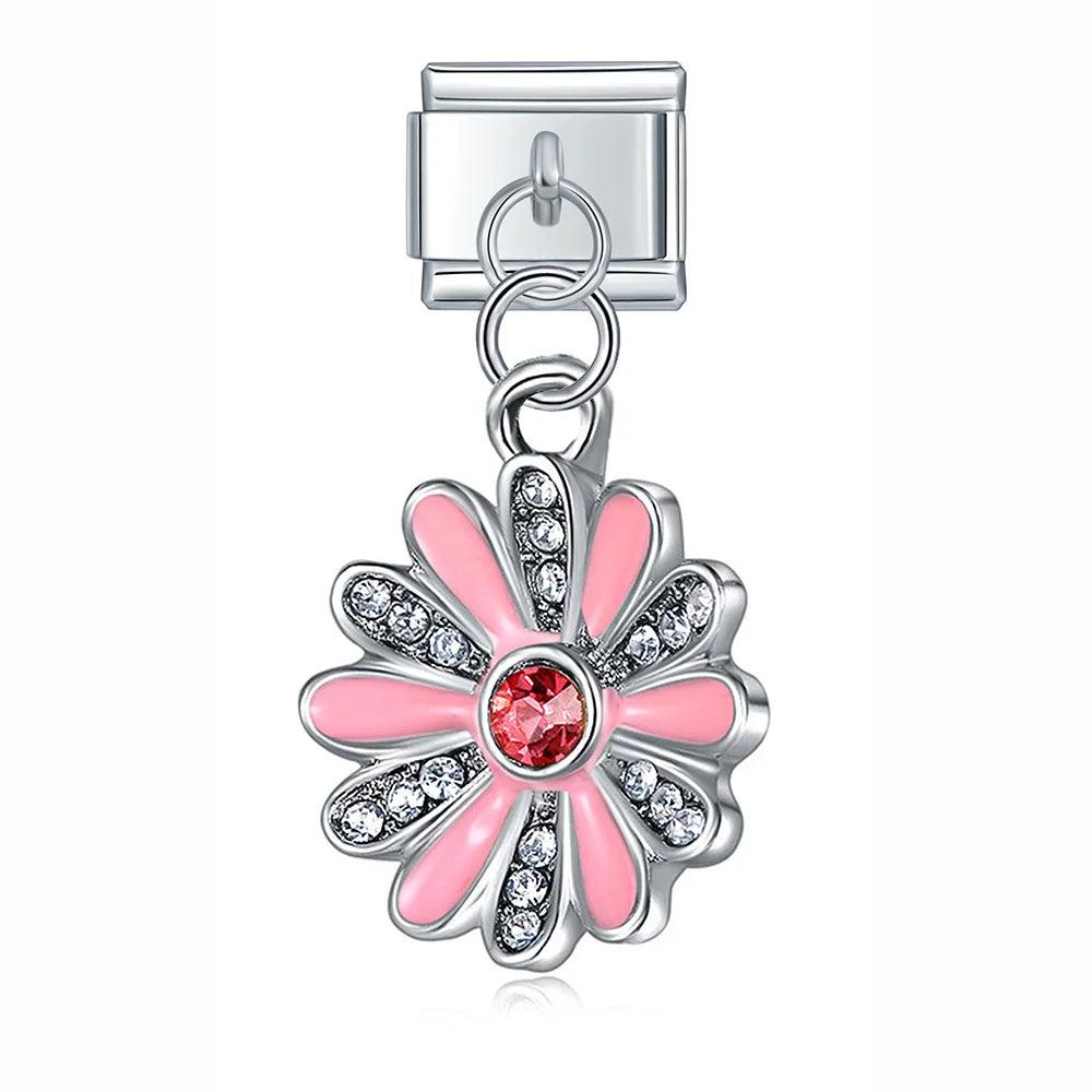 Pink Flower with Stones, on Silver