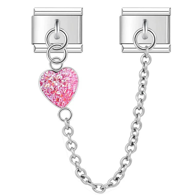 Pink Heart, Double Linked Charms, on Silver