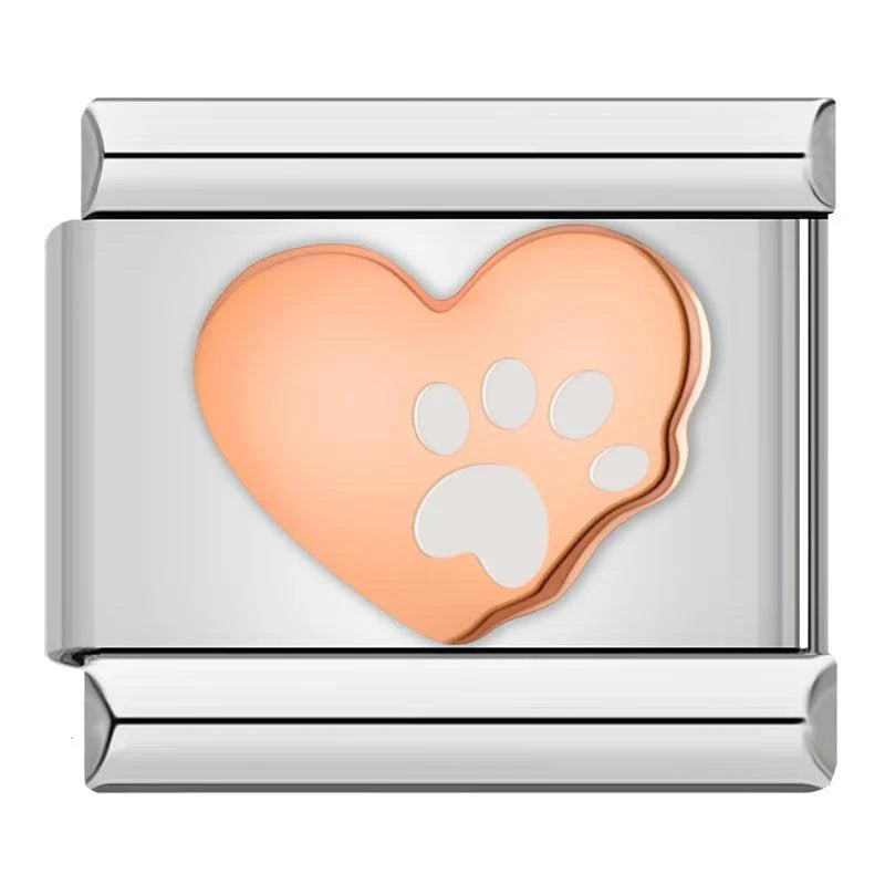 Rose Gold Heart with White Silver Cat Paw