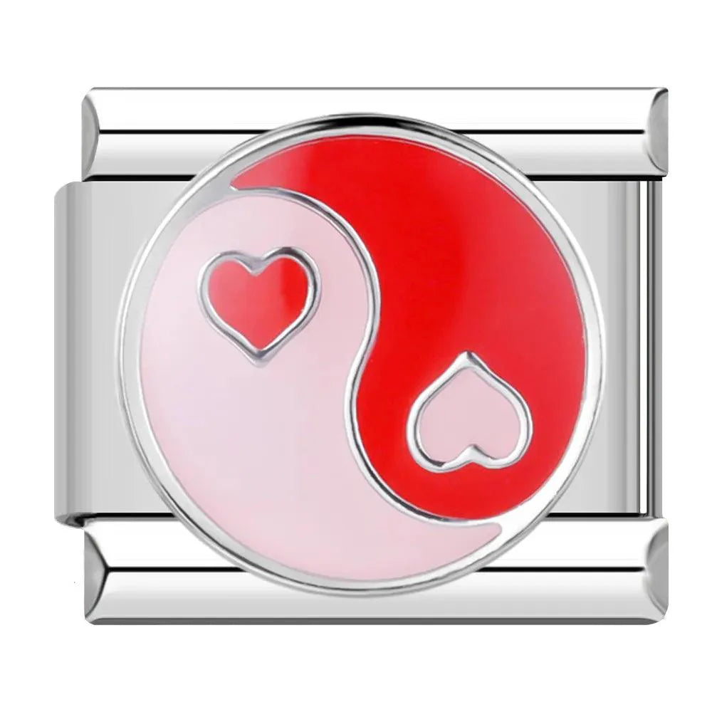 Yin & Yang with Heart, Red & Pink, on Silver